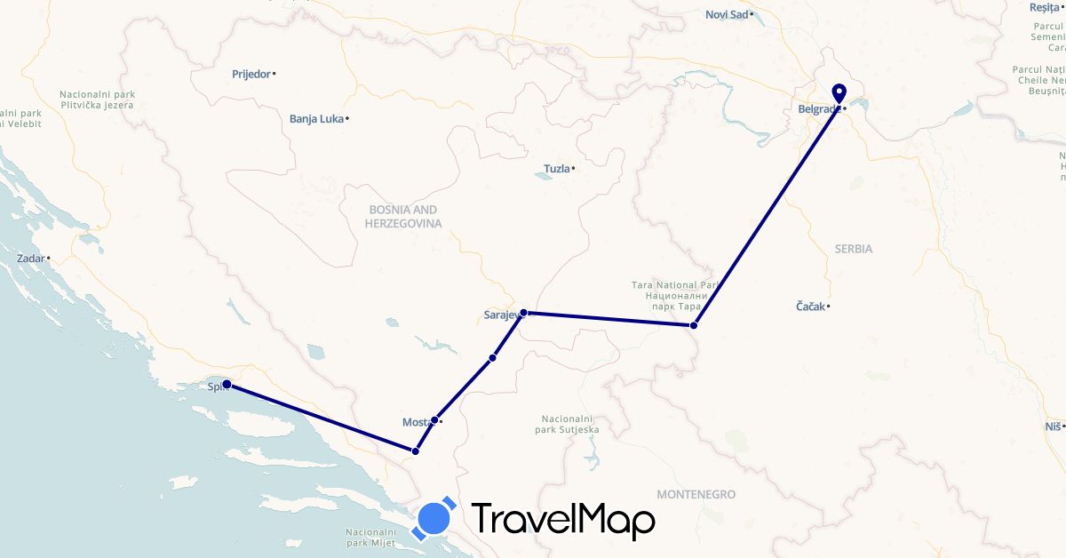 TravelMap itinerary: driving in Bosnia and Herzegovina, Croatia, Serbia (Europe)