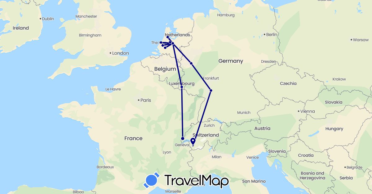 TravelMap itinerary: driving in Switzerland, Germany, Luxembourg, Netherlands (Europe)