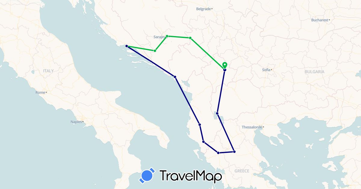 TravelMap itinerary: driving, bus in Albania, Bosnia and Herzegovina, Greece, Croatia, Montenegro, Macedonia, Serbia, Kosovo (Europe)
