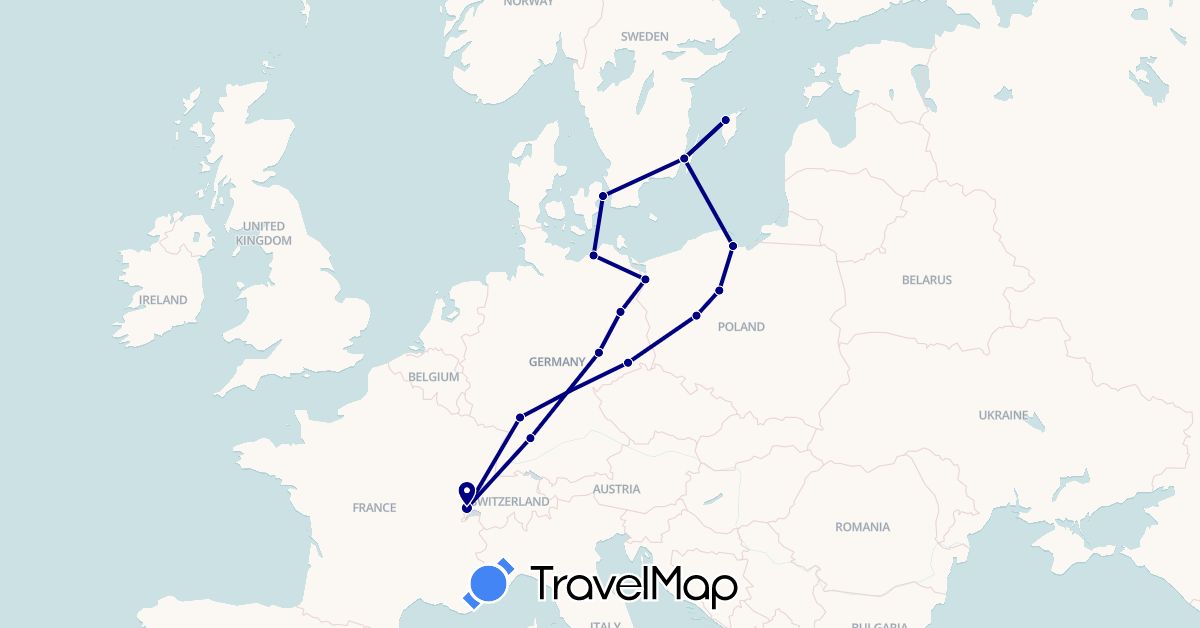 TravelMap itinerary: driving in Switzerland, Germany, Poland, Sweden (Europe)