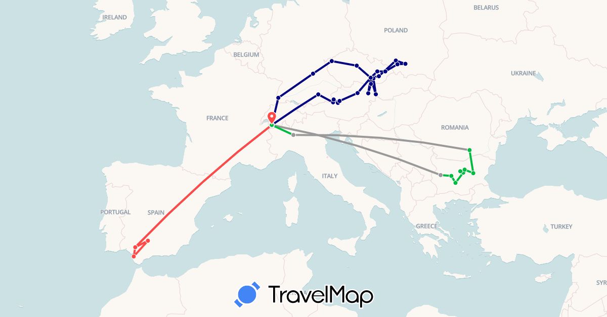 TravelMap itinerary: driving, bus, plane, hiking in Austria, Bulgaria, Switzerland, Czech Republic, Germany, Spain, Italy, Poland, Romania, Slovakia (Europe)