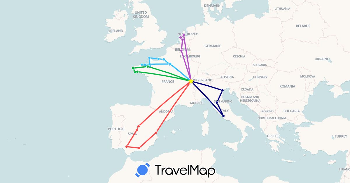 TravelMap itinerary: driving, bus, train, hiking, boat in Belgium, Switzerland, Spain, France, Italy, Netherlands (Europe)