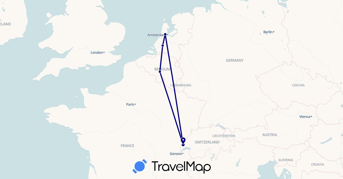 TravelMap itinerary: driving in Belgium, Switzerland, Netherlands (Europe)