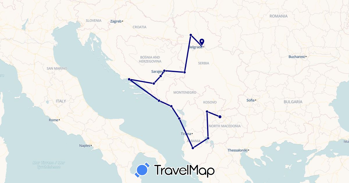 TravelMap itinerary: driving in Albania, Bosnia and Herzegovina, Croatia, Montenegro, Macedonia, Serbia, Kosovo (Europe)