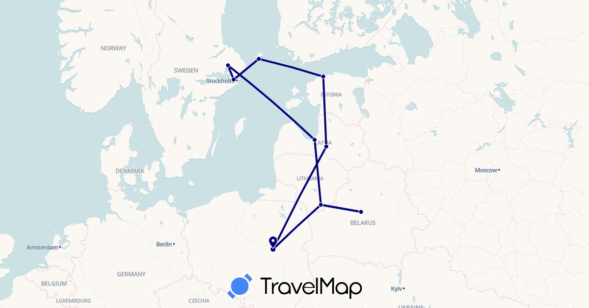 TravelMap itinerary: driving in Belarus, Estonia, Finland, Lithuania, Latvia, Poland, Sweden (Europe)